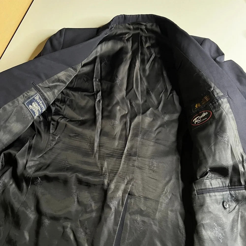 Burberrys Vintage Mens Navy Blue Wool Blazer Silver Crest Buttons Rodes 42R